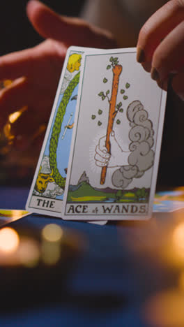 Vertical-Video-Close-Up-Of-Woman-Giving-Tarot-Card-Reading-On-Candlelit-Table-Holding-The-World-And-Ace-Of-Wands-Cards